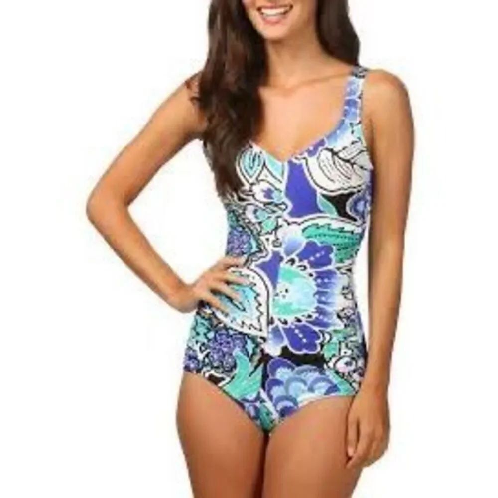 Maxine Of Hollywood 18 One Piece Swimsuit Blue Abstract Floral Slimming Ruched